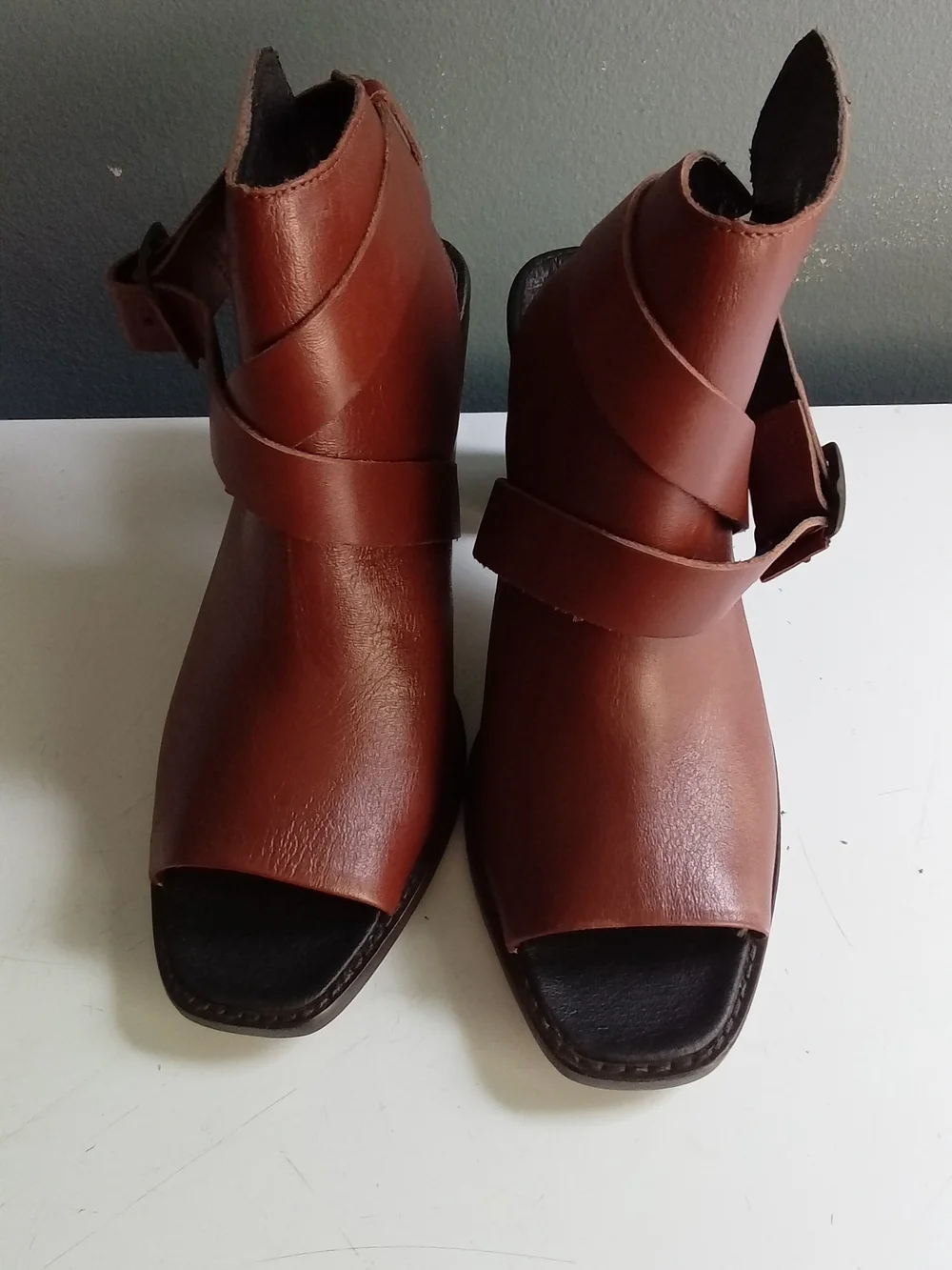 Wolverine W40363 Cognac Brown Leather Peep Toe Buckle Wrap Block Heel Boots 6.5M